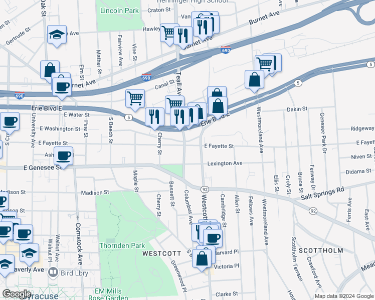 map of restaurants, bars, coffee shops, grocery stores, and more near 1709 East Fayette Street in Syracuse