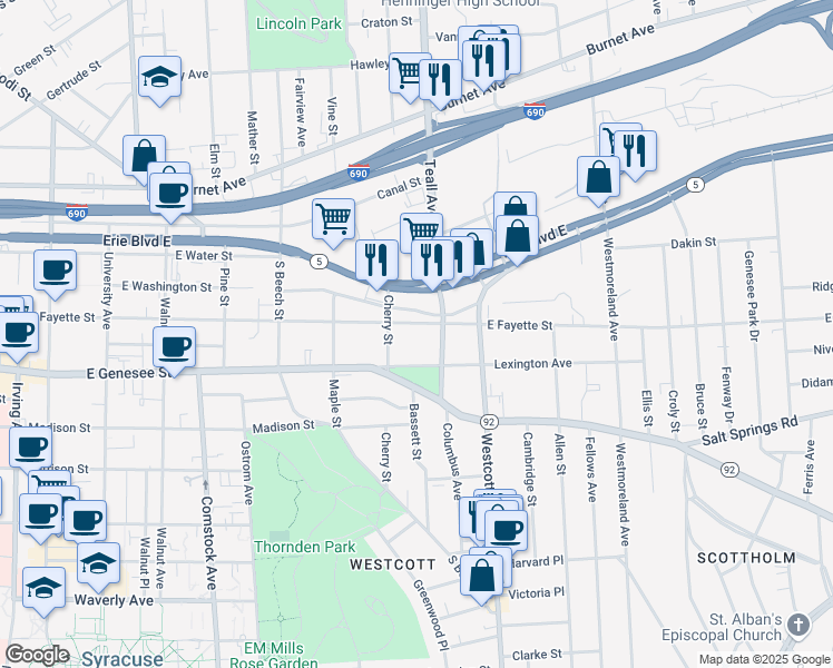 map of restaurants, bars, coffee shops, grocery stores, and more near 1619-21 East Fayette Street in Syracuse