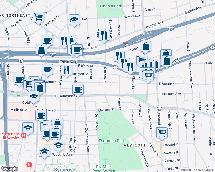 map of restaurants, bars, coffee shops, grocery stores, and more near 1325 East Fayette Street in Syracuse