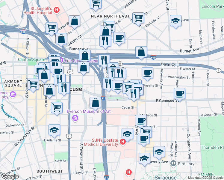 map of restaurants, bars, coffee shops, grocery stores, and more near 624 East Fayette Street in Syracuse