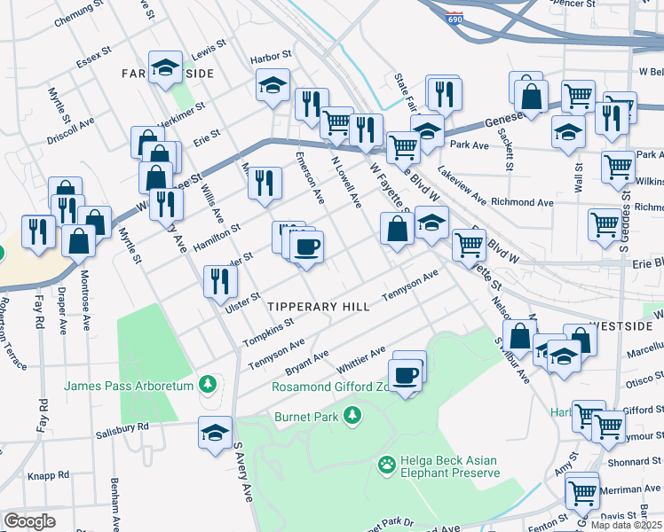 map of restaurants, bars, coffee shops, grocery stores, and more near 408 Ulster Street in Syracuse