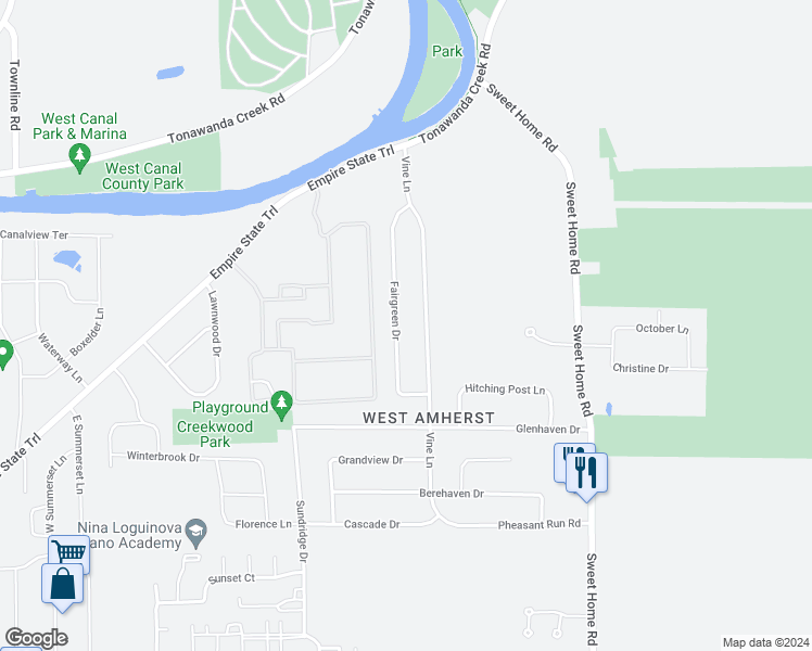 map of restaurants, bars, coffee shops, grocery stores, and more near 112 Fairgreen Drive in Buffalo