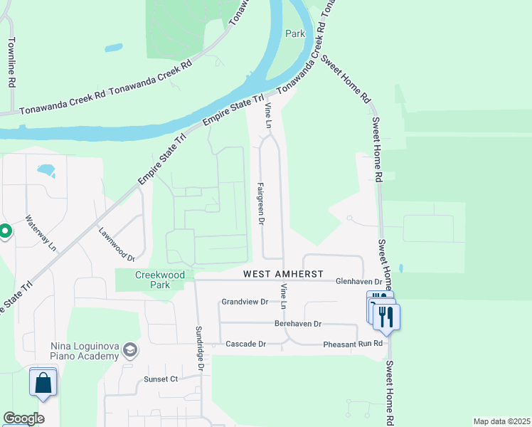 map of restaurants, bars, coffee shops, grocery stores, and more near 112 Fairgreen Drive in Buffalo