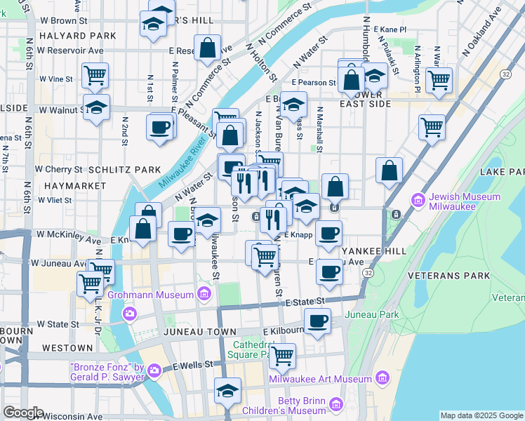 map of restaurants, bars, coffee shops, grocery stores, and more near 600 East Ogden Avenue in Milwaukee