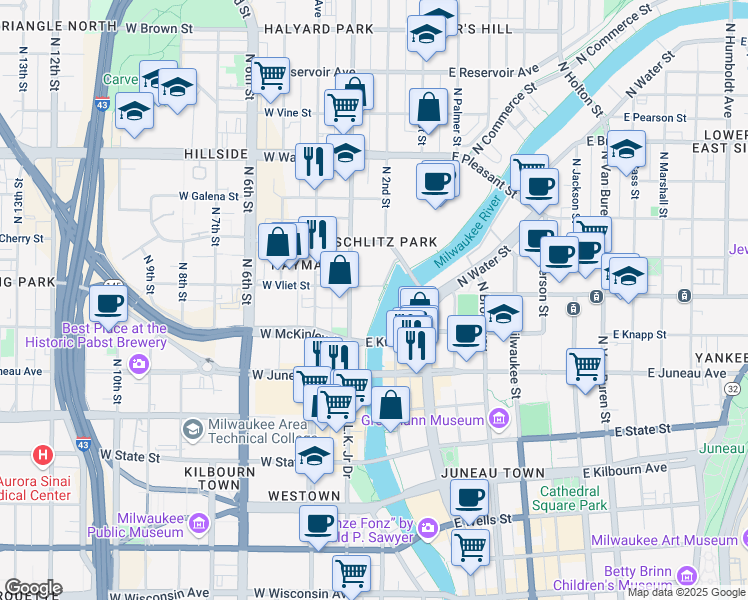 map of restaurants, bars, coffee shops, grocery stores, and more near 100 Manpower Place in Milwaukee