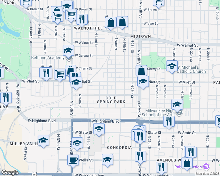 map of restaurants, bars, coffee shops, grocery stores, and more near 1351 North 31st Street in Milwaukee
