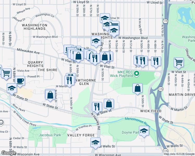 map of restaurants, bars, coffee shops, grocery stores, and more near 1345 North 55th Street in Milwaukee