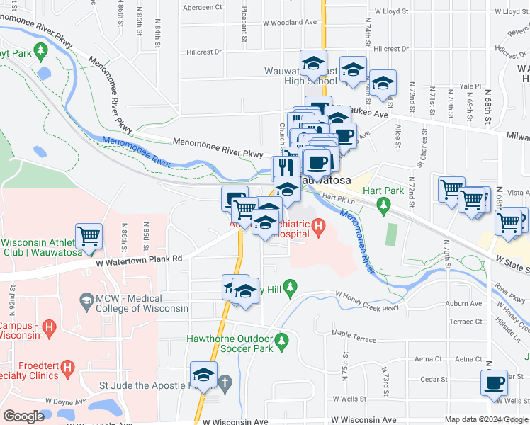 map of restaurants, bars, coffee shops, grocery stores, and more near 7830 Harwood Avenue in Milwaukee