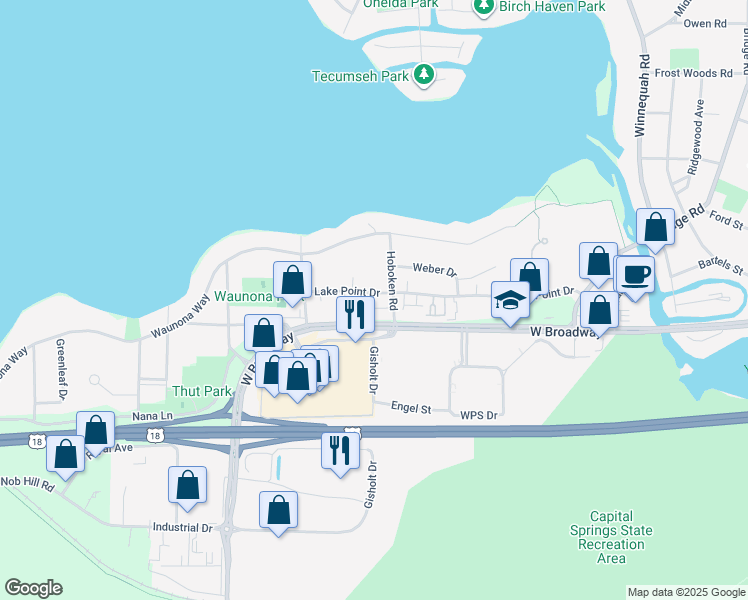 map of restaurants, bars, coffee shops, grocery stores, and more near 2106 Lake Point Drive in Madison