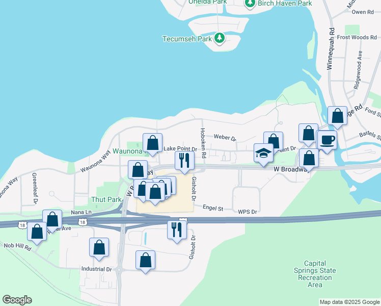 map of restaurants, bars, coffee shops, grocery stores, and more near 2106 Lake Point Drive in Madison