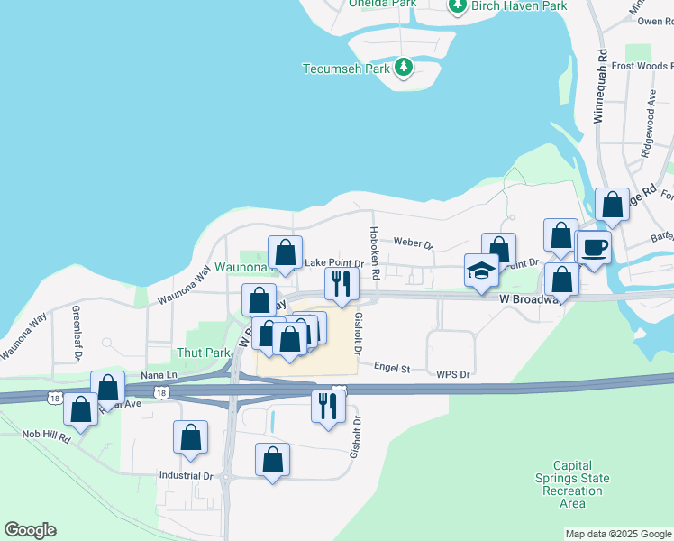 map of restaurants, bars, coffee shops, grocery stores, and more near 2106 Lake Point Drive in Madison