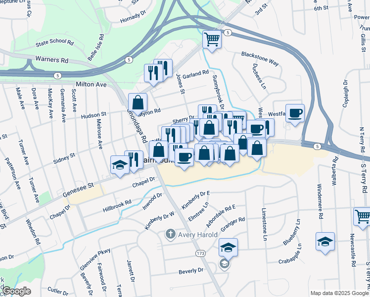 map of restaurants, bars, coffee shops, grocery stores, and more near 33 Gifford Drive in Syracuse