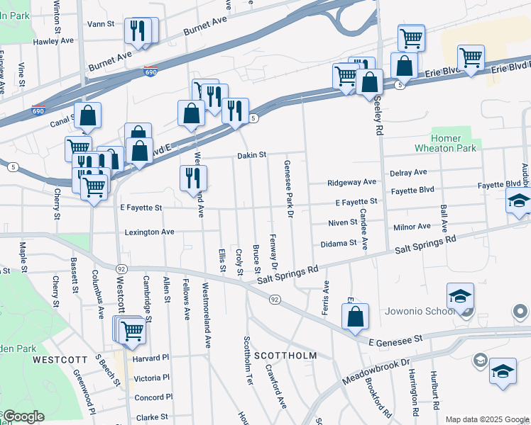 map of restaurants, bars, coffee shops, grocery stores, and more near 2301 East Fayette Street in Syracuse