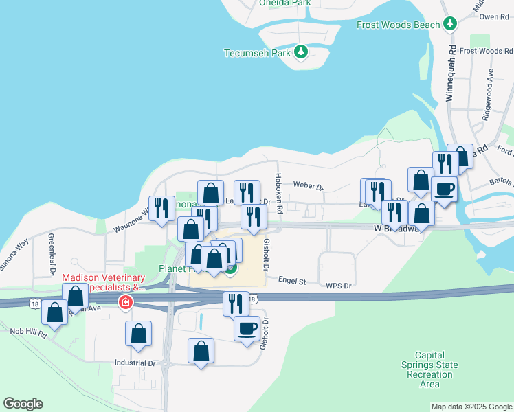 map of restaurants, bars, coffee shops, grocery stores, and more near 2105 Lake Point Drive in Madison