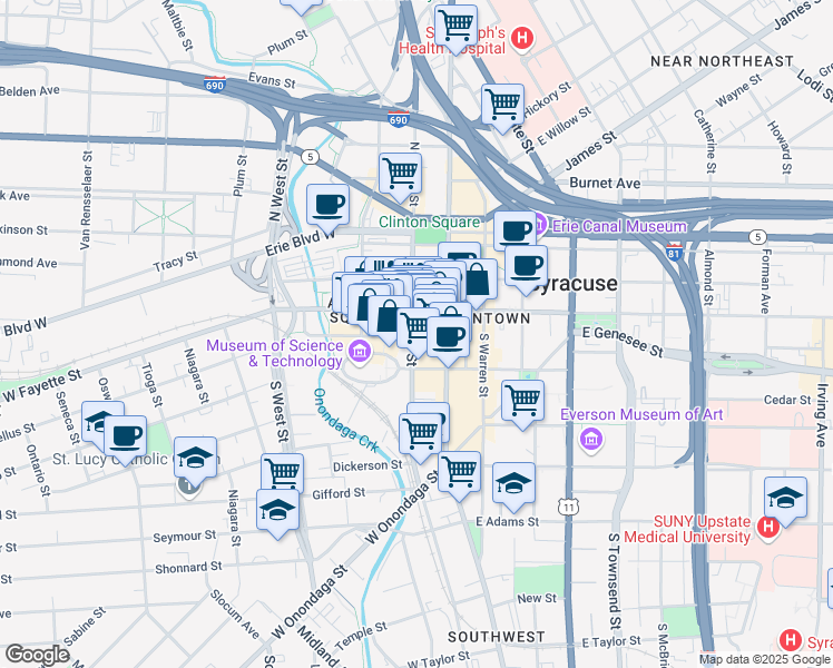 map of restaurants, bars, coffee shops, grocery stores, and more near 325 South Clinton Street in Syracuse