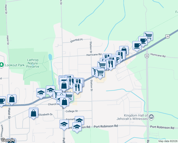 map of restaurants, bars, coffee shops, grocery stores, and more near 1464 Station Street in Pelham