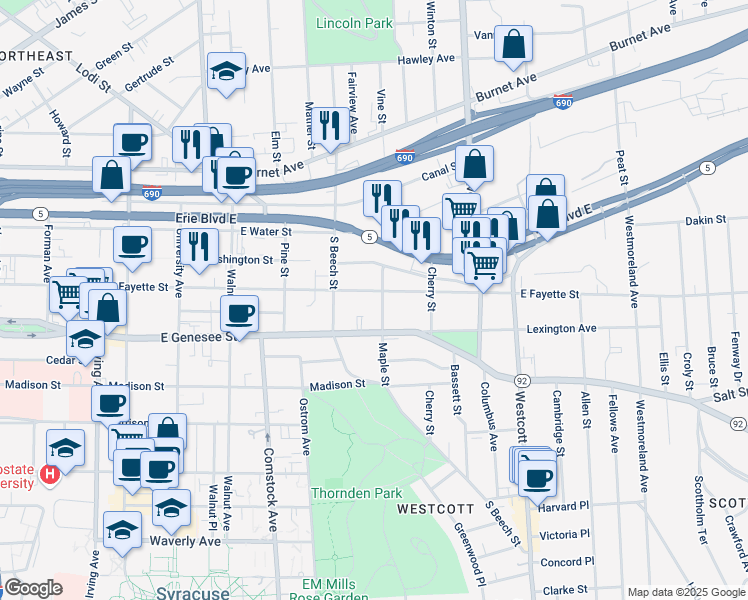 map of restaurants, bars, coffee shops, grocery stores, and more near 304-06 Maple Street in Syracuse