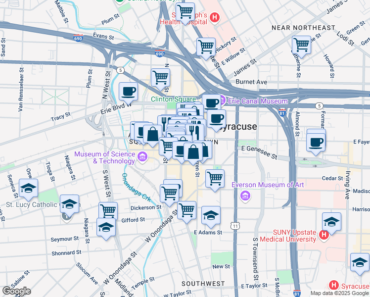 map of restaurants, bars, coffee shops, grocery stores, and more near 321 South Salina Street in Syracuse