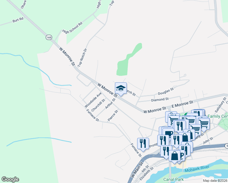 map of restaurants, bars, coffee shops, grocery stores, and more near 67 Burch Street in Little Falls