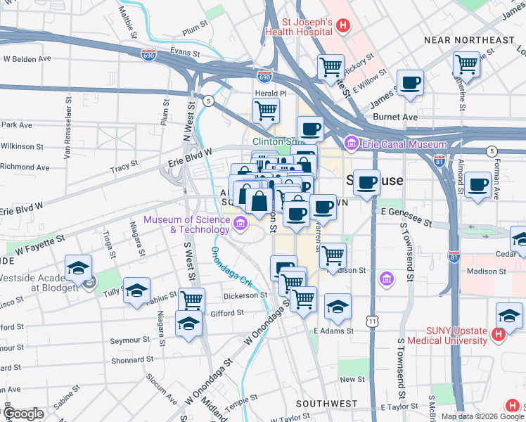 map of restaurants, bars, coffee shops, grocery stores, and more near in Syracuse