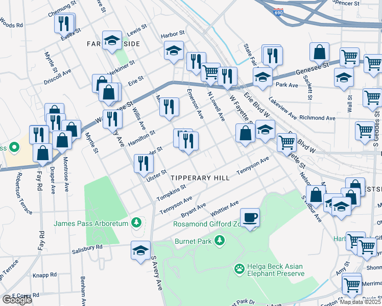 map of restaurants, bars, coffee shops, grocery stores, and more near 428 Ulster Street in Syracuse