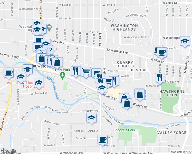 map of restaurants, bars, coffee shops, grocery stores, and more near 1308 St James Ct in Wauwatosa