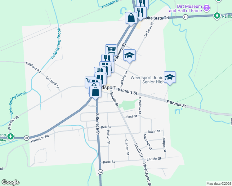 map of restaurants, bars, coffee shops, grocery stores, and more near 2710 East Brutus Street in Weedsport