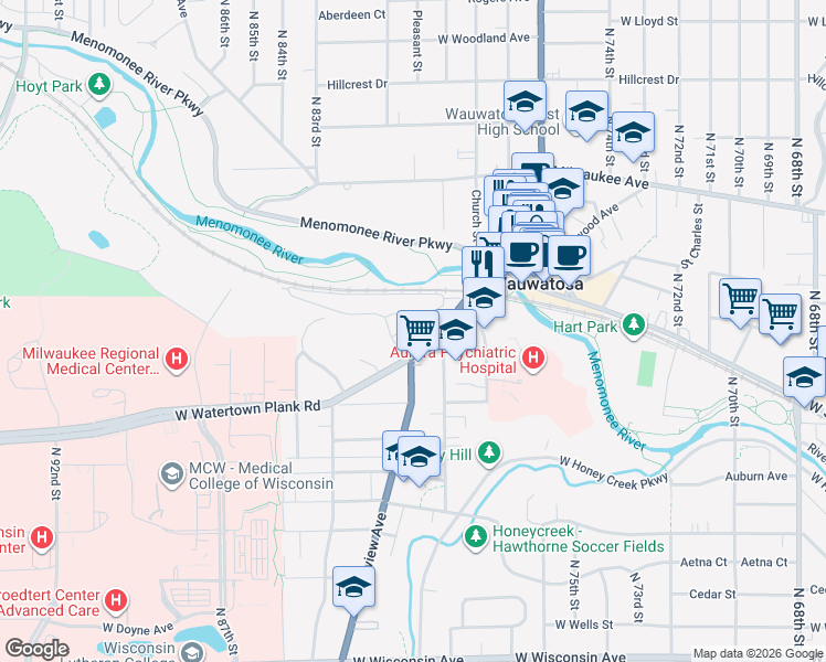 map of restaurants, bars, coffee shops, grocery stores, and more near 7930 Harwood Avenue in Wauwatosa