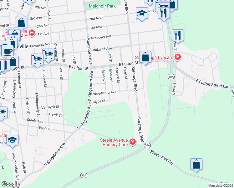 map of restaurants, bars, coffee shops, grocery stores, and more near 47 Woodward Avenue in Gloversville