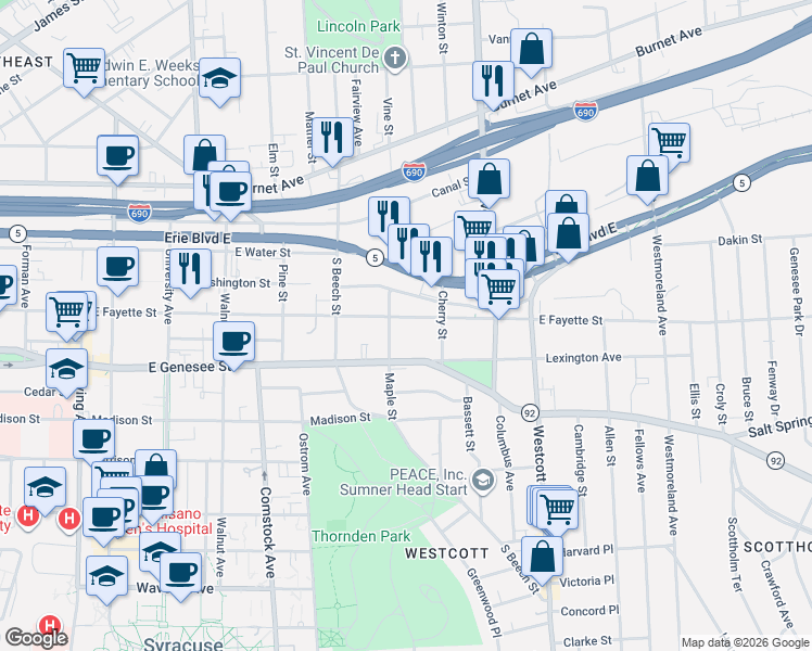 map of restaurants, bars, coffee shops, grocery stores, and more near 1507 East Fayette Street in Syracuse