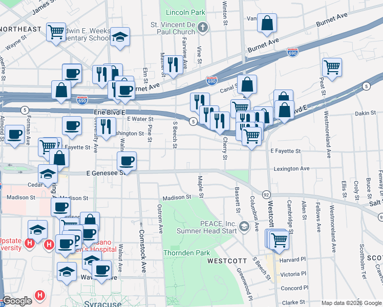 map of restaurants, bars, coffee shops, grocery stores, and more near 1415 East Fayette Street in Syracuse