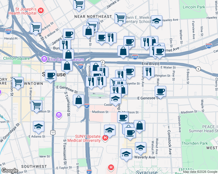 map of restaurants, bars, coffee shops, grocery stores, and more near 727 East Fayette Street in Syracuse