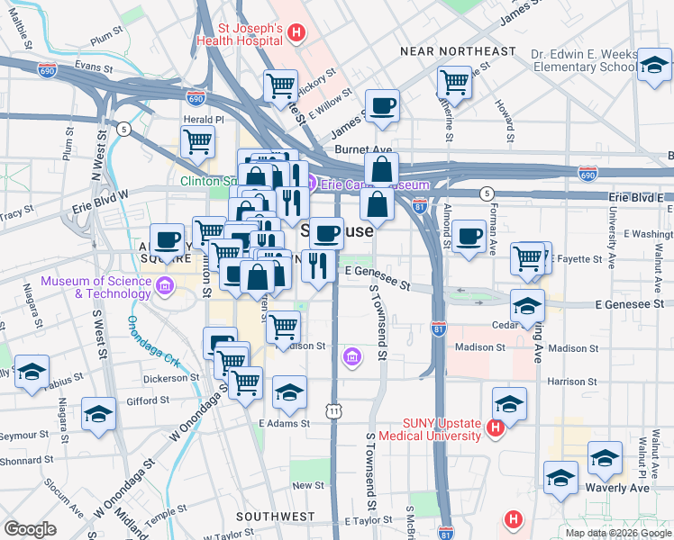 map of restaurants, bars, coffee shops, grocery stores, and more near in Syracuse