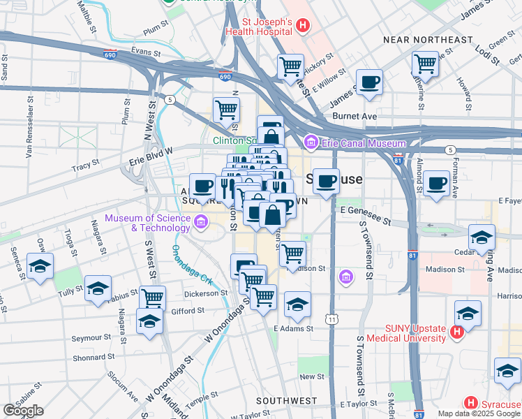 map of restaurants, bars, coffee shops, grocery stores, and more near 301 South Salina Street in Syracuse