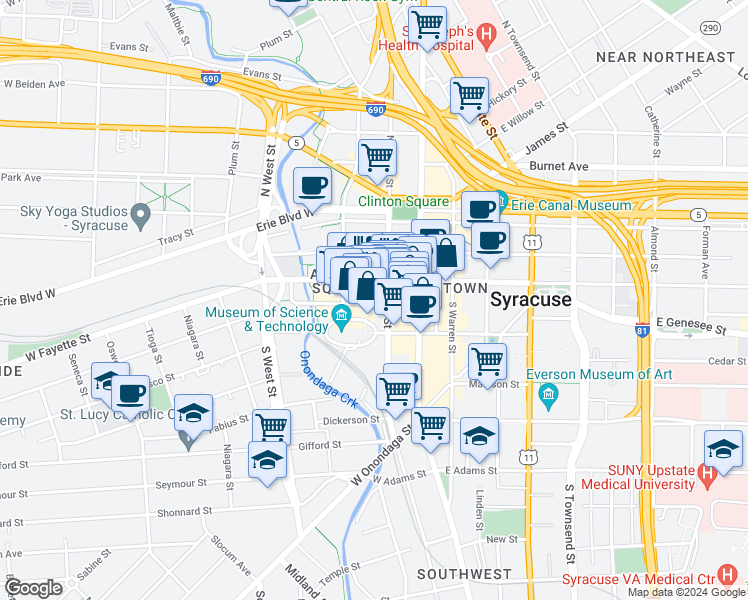 map of restaurants, bars, coffee shops, grocery stores, and more near in Syracuse