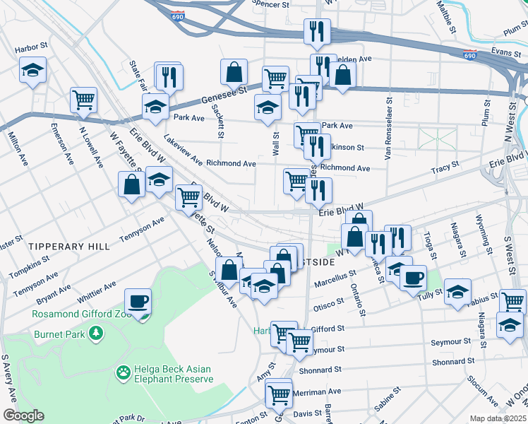 map of restaurants, bars, coffee shops, grocery stores, and more near 104 Wall Street in Syracuse