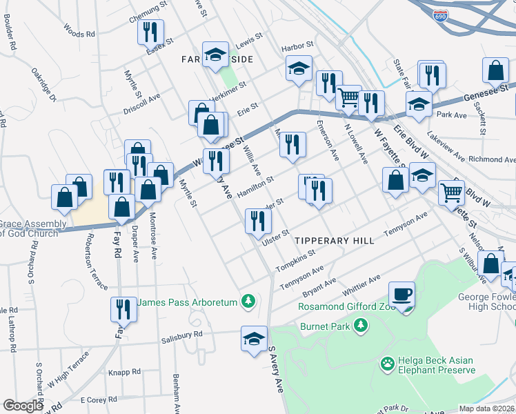 map of restaurants, bars, coffee shops, grocery stores, and more near 631 Hamilton Street in Syracuse