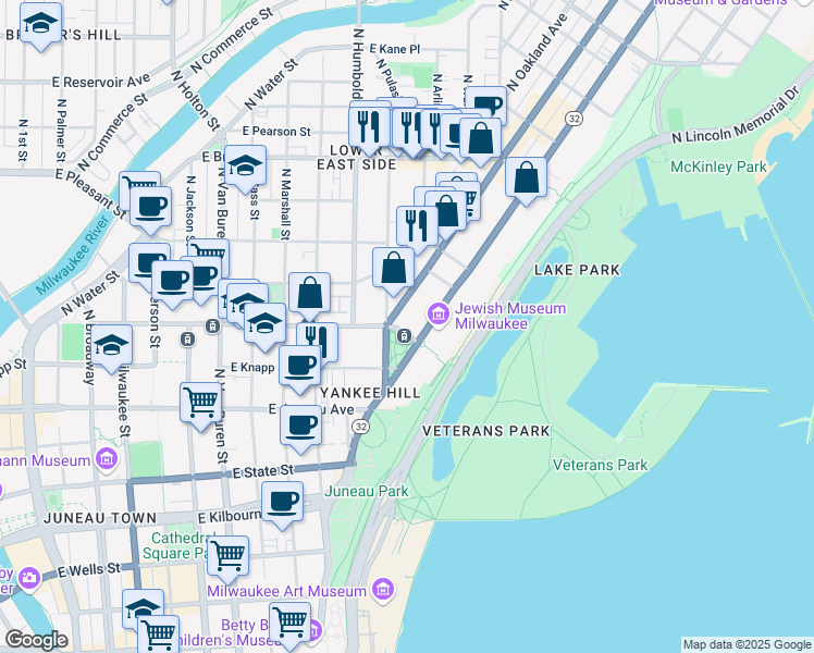 map of restaurants, bars, coffee shops, grocery stores, and more near 1417 North Prospect Avenue in Milwaukee