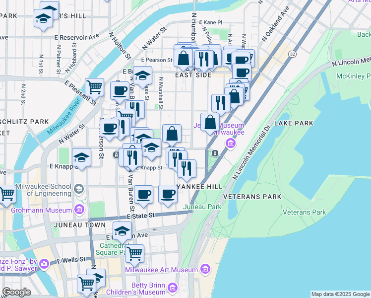 map of restaurants, bars, coffee shops, grocery stores, and more near 1034 East Ogden Avenue in Milwaukee