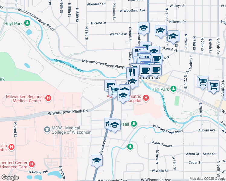 map of restaurants, bars, coffee shops, grocery stores, and more near 7930 Harwood Avenue in Wauwatosa