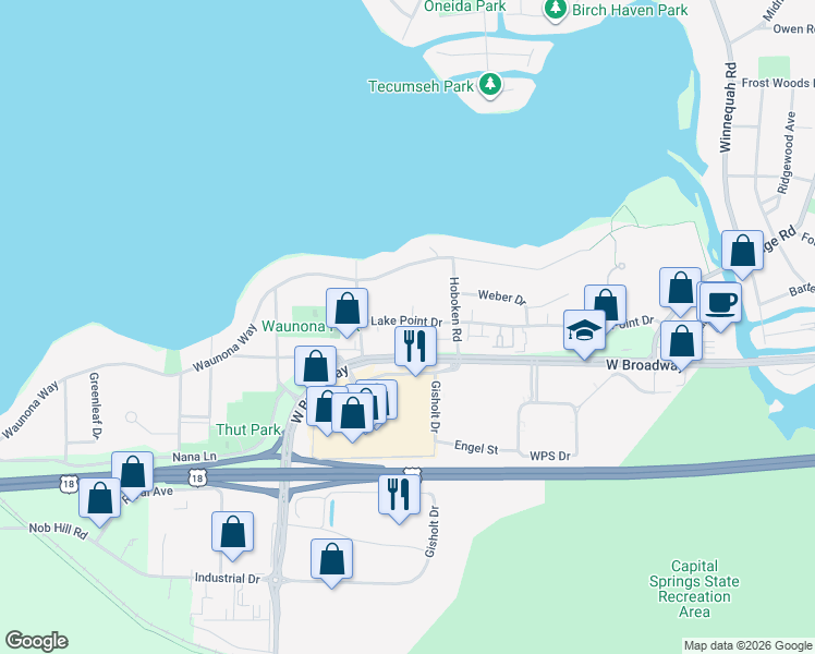 map of restaurants, bars, coffee shops, grocery stores, and more near 2106 Lake Point Drive in Madison