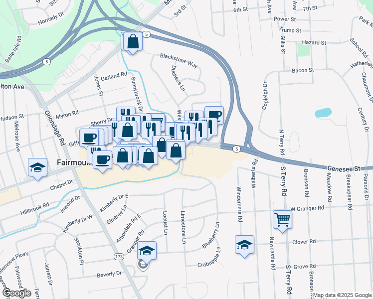 map of restaurants, bars, coffee shops, grocery stores, and more near 3355 West Genesee Street in Syracuse