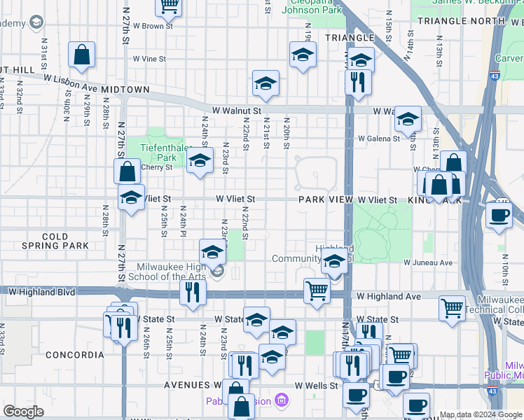 map of restaurants, bars, coffee shops, grocery stores, and more near 1335 North 21st Street in Milwaukee