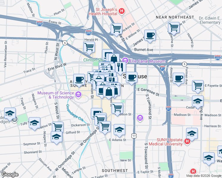 map of restaurants, bars, coffee shops, grocery stores, and more near in Syracuse