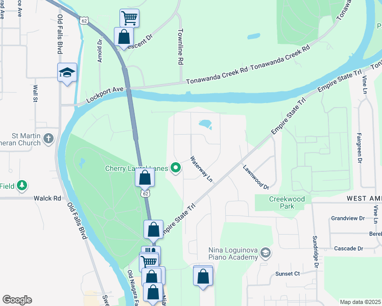 map of restaurants, bars, coffee shops, grocery stores, and more near Waterway Lane in Buffalo