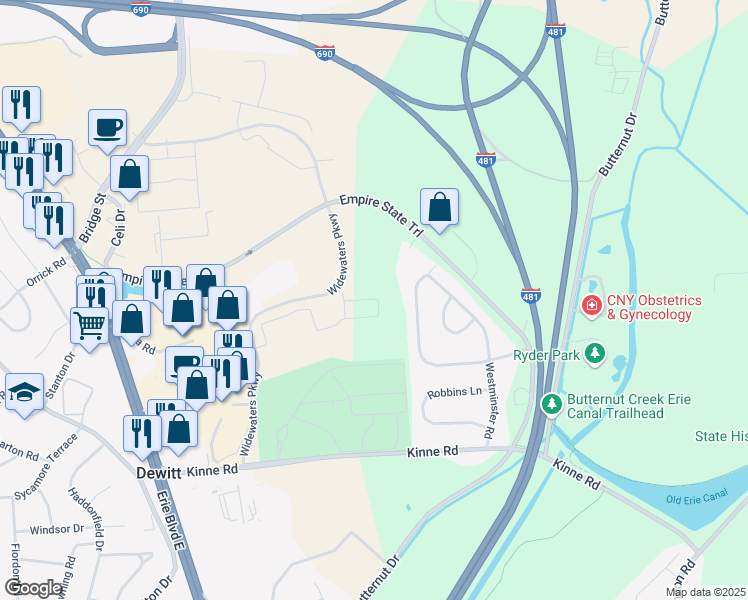 map of restaurants, bars, coffee shops, grocery stores, and more near 5790 Widewaters Parkway in Syracuse