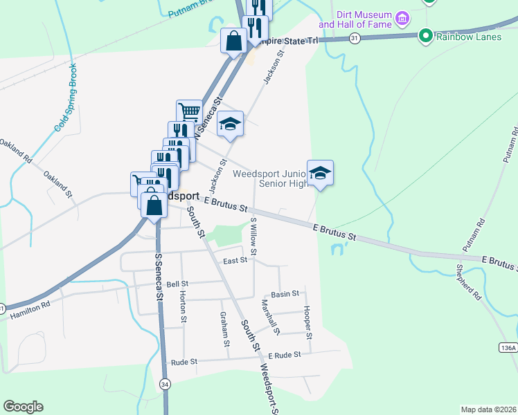 map of restaurants, bars, coffee shops, grocery stores, and more near 8904 North Willow Street in Weedsport