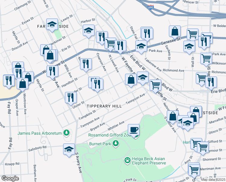 map of restaurants, bars, coffee shops, grocery stores, and more near 408 Ulster Street in Syracuse
