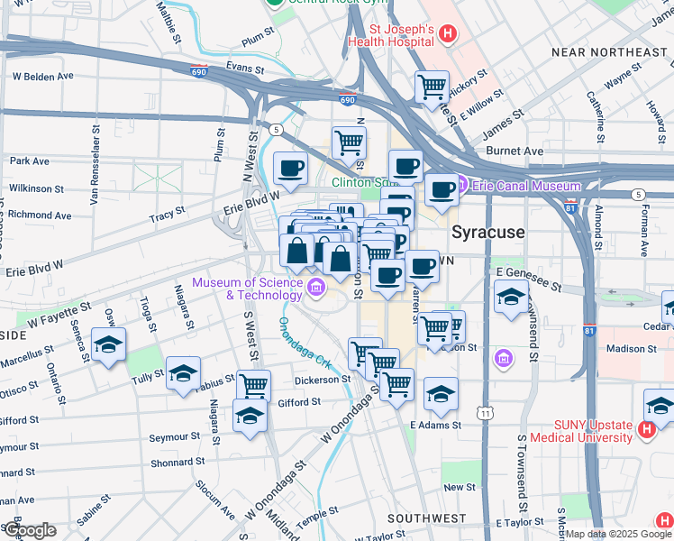 map of restaurants, bars, coffee shops, grocery stores, and more near 120 Walton Street in Syracuse