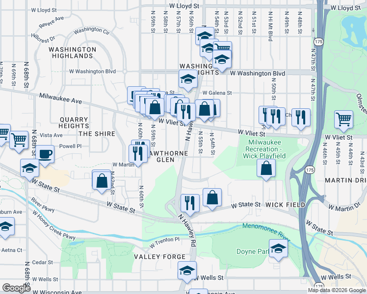map of restaurants, bars, coffee shops, grocery stores, and more near 1342 North 57th Street in Milwaukee